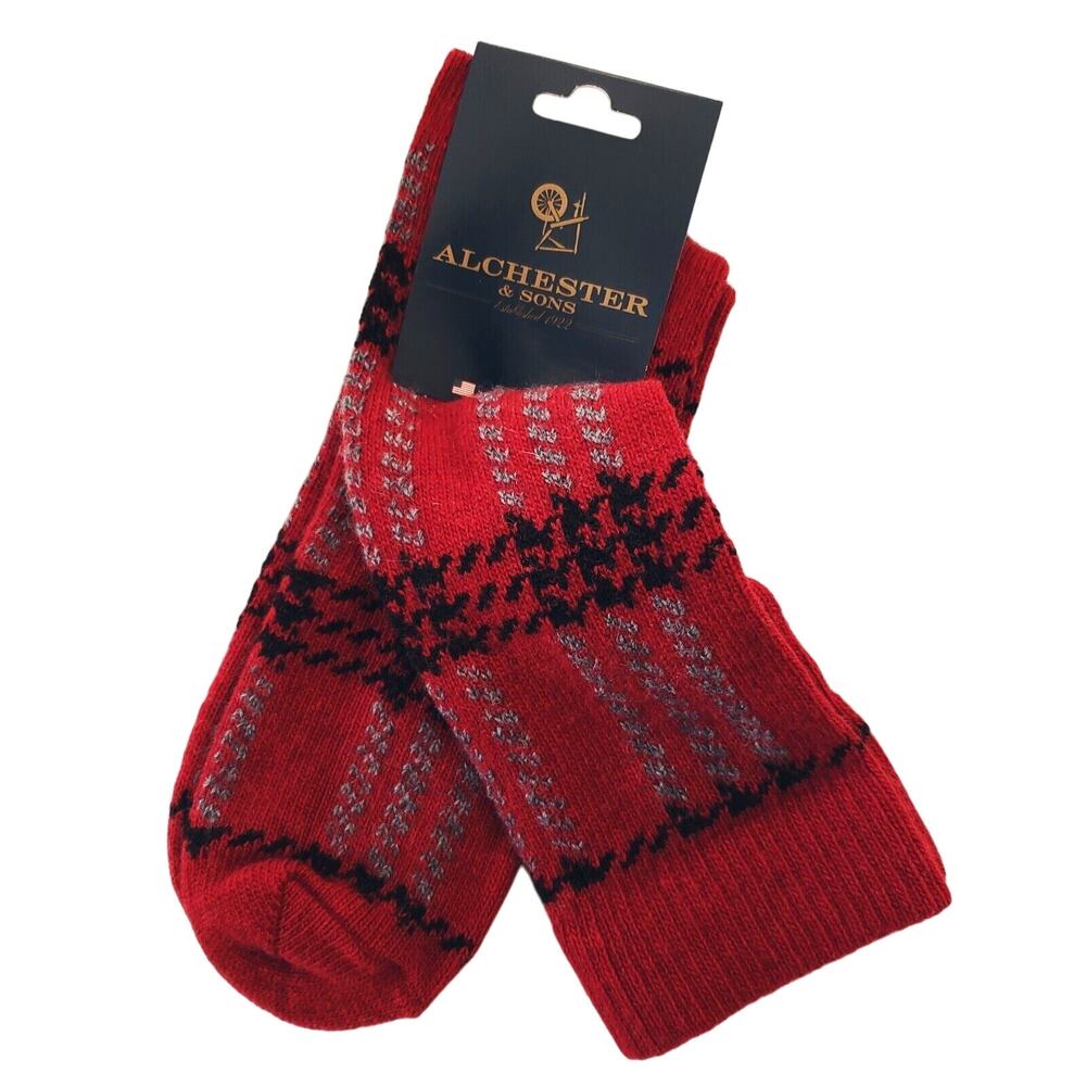 Alchester Red Mens Socks Wool‎ Cashmere Blend Crew Dress Scotty Plaid Size 10-13